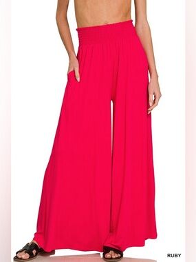 Zenana Red Smocked Waist Wide Leg Palazzo Pants